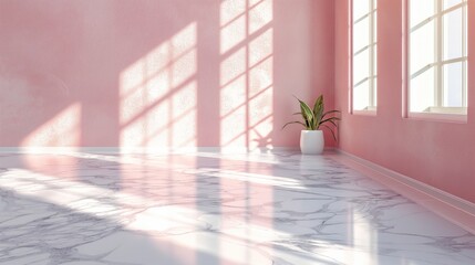 Fototapeta premium Abstract white studio background for product presentation. Empty room with shadows of window. Display product with blurred backdrop. potted plant