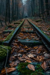 Abandoned railway tracks in a forest covered with autumn leaves	