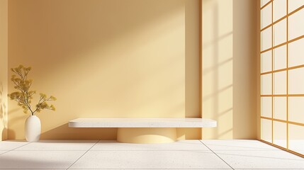 Fototapeta premium Abstract beige studio background for product presentation. Empty room with shadows of window. Display product with blurred backdrop. potted plant