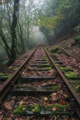 Abandoned railway tracks in a forest covered with autumn leaves