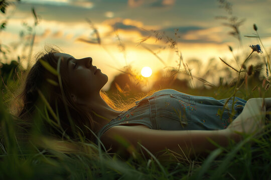 person relaxing in the grass, nice sunset on the background. national relaxation day on 15th august - Powered by Adobe