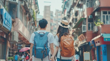 Couple walking down a busy city street