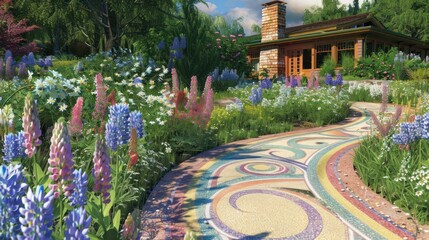 Rolling meadow path bordered by blooming lupines and daisies, leading to a charming craftsman house with terrazzo tiles featuring a swirl of pastel colors.