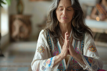 Middle-aged woman meditating in serene ashram