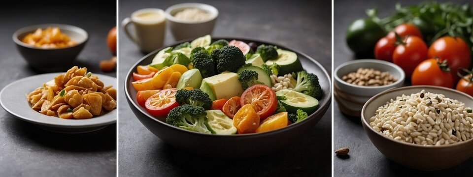 Keto diet and food items for it. Vegetables and fruits, diet burgers. Time-restricted eating. Intermittent fasting.