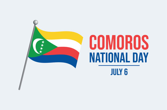 Comoros National Day poster vector illustration. Waving Comoros flag on a pole icon vector isolated on a gray background. Template for background, banner, card. July 6 every year. Important day