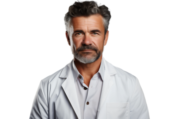 Middle aged man with doctor uniform Isolated on transparent background
