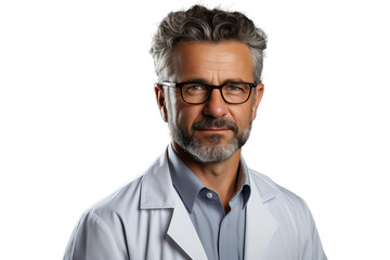 Middle aged man with doctor uniform Isolated on transparent background