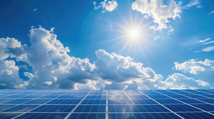 Green energy concept Solar panel on rooftop under blue sky with floating clouds space for text