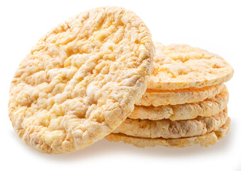 Puffed corn cakes or rice cakes isolated on white. Alternative snack for bread product.