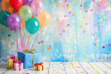 A festive scene featuring colorful balloons, confetti, and gifts against a bright blue background. Perfect for childrens stores, event planning, and photo studios. Generative AI