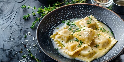 Rabbit Agnolotti in Shiitake Broth with Parmesan and Thyme Served on a Black Plate. Concept Rabbit Agnolotti, Shiitake Broth, Parmesan and Thyme, Black Plate