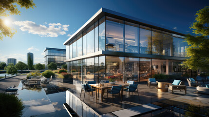 a modern office building exterior with large glass windows reflecting the blue sky and surrounding cityscape. Created with generative AI