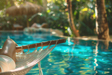 Woman relaxing in the hammock above blue ocean water. Happy relaxation atmosphere, lazy day. Relaxation Day 15th August