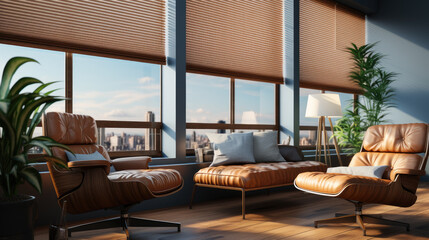 Naklejka premium blinds in an office lounge, where the textured material adds warmth to the space. Created with generative AI