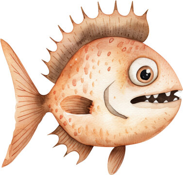 recommend clip art: Adorable watercolor illustration of a anglerfish clipart for kids, featuring soft neutral colors, isolate on Transparent background