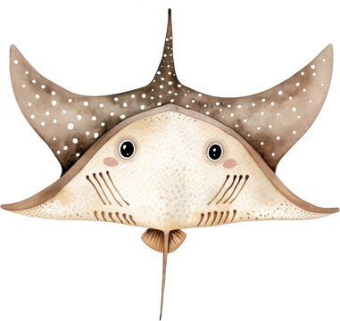 recommend clip art: Adorable watercolor illustration of a stingray clipart for kids, featuring soft neutral colors, isolate on Transparent background