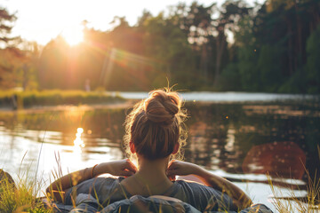 Woman in the park looking at the sunset above the river. Relaxation Day on August 15