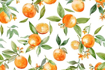 Watercolor fruit pattern, tangy tangerines, bright orange tones, lush green leaves, intricate details