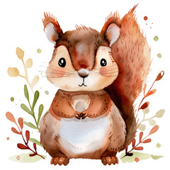 Naklejka premium Adorable watercolor illustration of a squirrel clipart for kids, featuring soft neutral colors, isolate on Transparent background