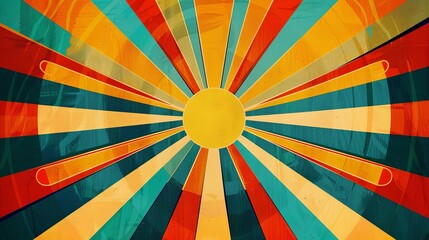 Groovy graphic print with sunburst retro vibes background.