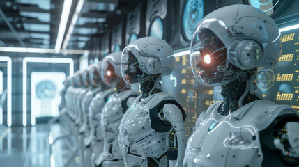 multiple artificial intelligence robots, interacting with holographic data displays in a modern lab setting