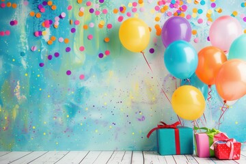 A vibrant backdrop featuring bright balloons, confetti, and presents, perfect for a childs birthday party. Generative AI