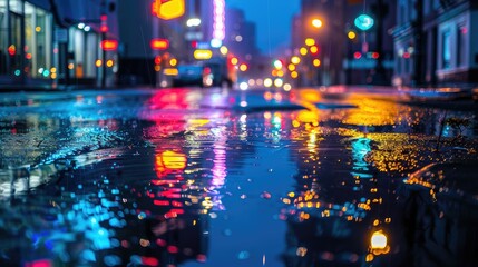 Fototapeta premium Luminescent neon lights reflecting in rain-soaked city streets at dusk