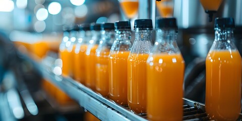 Industrial juice bottling plant producing natural juices on a modern production line. Concept Juice Production, Industrial Bottling, Natural Juices, Modern Line, Production Plant