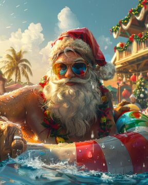 Santa Claus hosting a pool party, with colorful floats and decorations