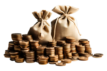 Money concept. money bag, coins stack Isolated on transparent background