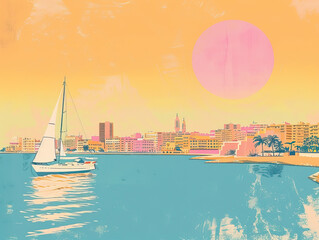 Obraz premium Risograph riso print travel poster, card, wallpaper or banner illustration, modern, isolated, clear and simple of Alexandria, Egypt. Artistic, screen printing, stencil backdrop background