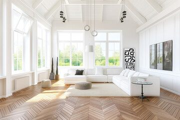 Fototapeta premium a Living room with white walls and hardwood flooring, strip bond walnut parquet floors