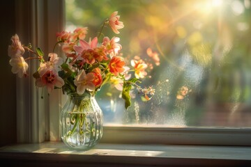 A vase filled with fresh flowers on a windowsill, with a softly blurred background of a sunlit garden 