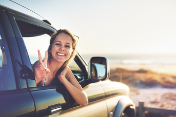 Woman, peace and travel with smile on road trip, transport window and vacation journey for adventure. Happy, female passenger and relax for portrait, driving and holiday fun in countryside outdoor