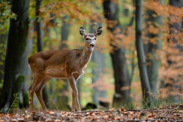 A wild deer standing in a forest clearing, with a softly blurred background of dense trees and foliage 