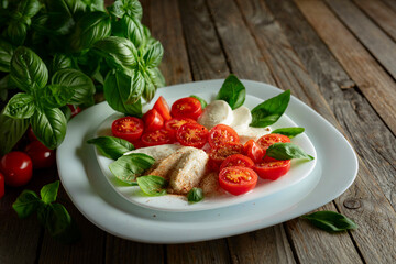 Mozzarella with basil and cherry tomatoes sprinkled with Mediterranean spices.