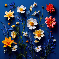 Seamless pattern of colorful flowers and green leaves on a dark blue background.