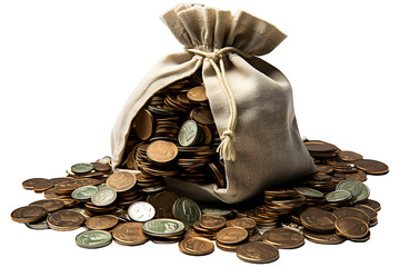 Money bag, dollar coins and banknotes Isolated on transparent background