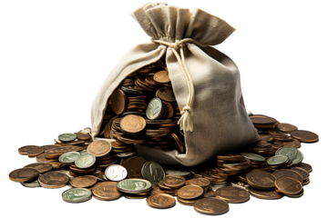 Money bag, dollar coins and banknotes Isolated on transparent background