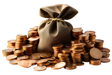Money concept. money bag, coins stack Isolated on transparent background