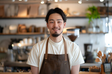 Barista man in cafe smiling face shop owner concept
