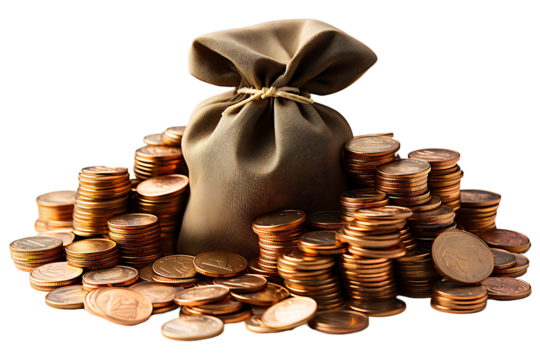 Money concept. money bag, coins stack Isolated on transparent background