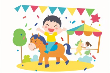 Fototapeta premium Cheerful child laughing and having fun riding a pony at an amusement park with colorful decorations and a festive atmosphere