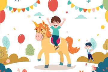 Naklejka premium Happy boy riding a pony at a birthday party with balloons and decorations, celebrating with friends and family in a festive outdoor setting