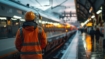 Construction Worker Observing Train at Modern Railway Station During Dusk