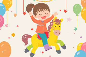 Cheerful young girl is having a blast riding a pony at a lively birthday celebration