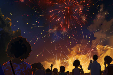 Diverse crowd watching a vibrant fourth of July fireworks display, celebrating freedom and American history