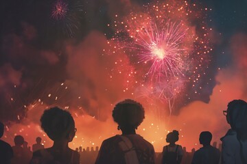 Crowd is gathering outside at night watching a beautiful fireworks display in celebration