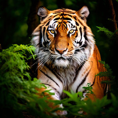 Naklejka premium Close-up of a powerful tiger's face with a serious expression, looking directly at the viewer.